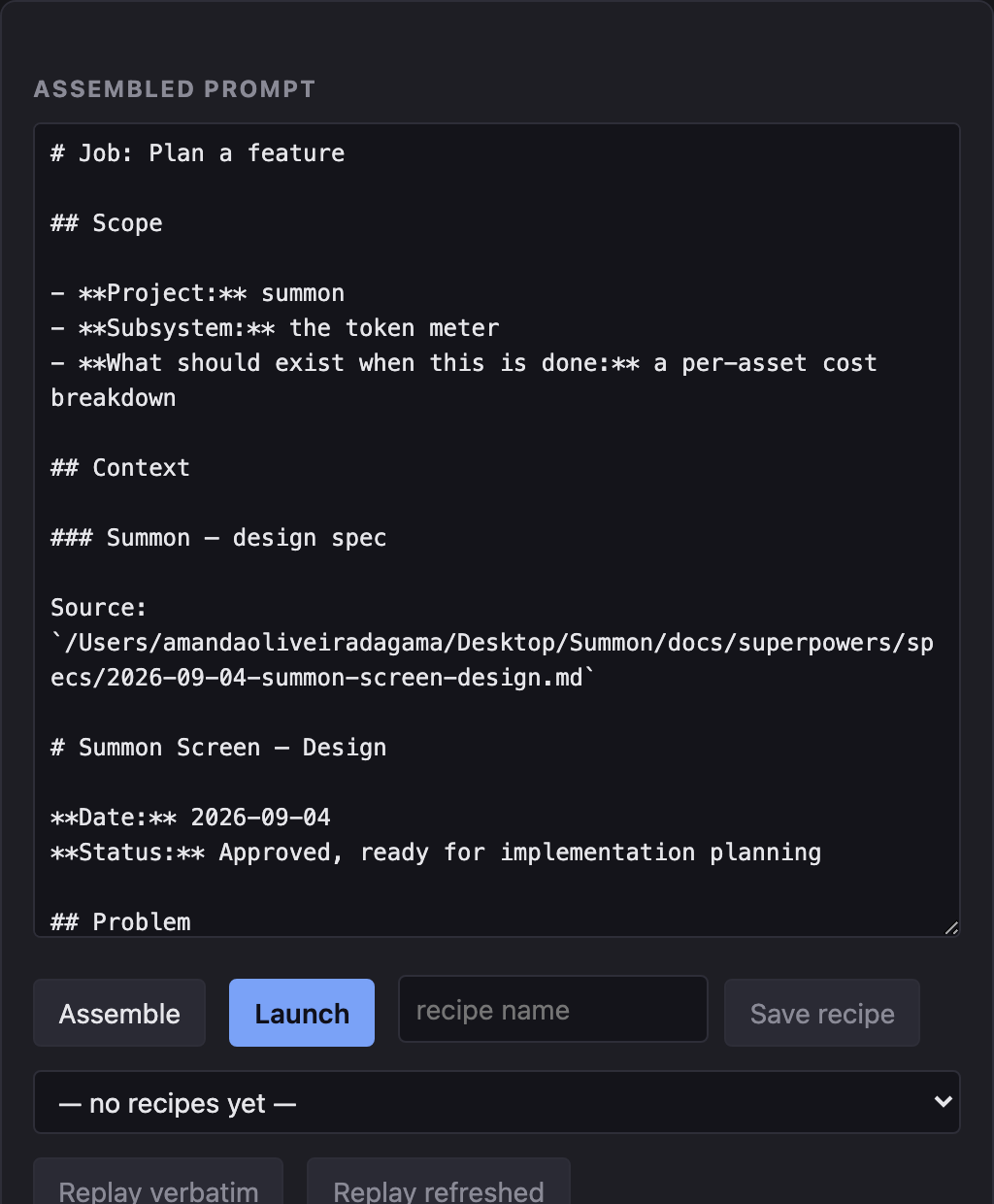 The assembled prompt: a job heading, a scope section listing project, subsystem and goal, then a context section with each document under its source path.