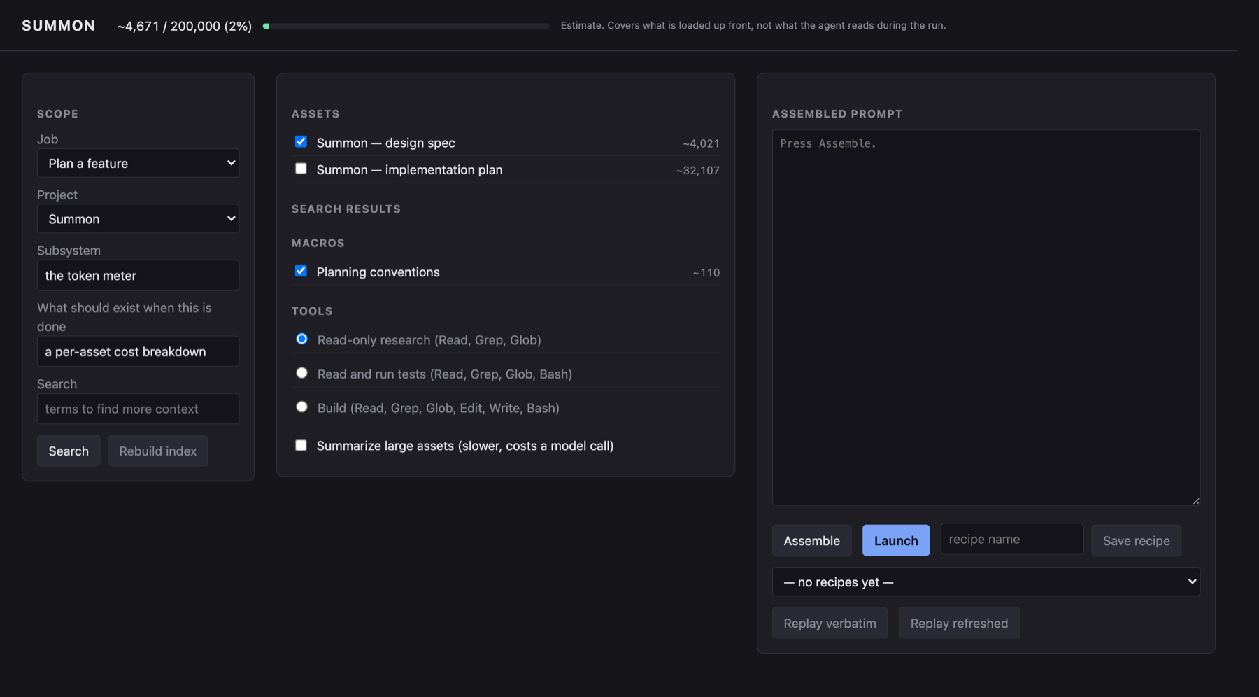 The Summon screen: a scope panel with job and project selectors, a parts panel listing documents, macros and tool presets with token costs, and an empty assembled-prompt panel.