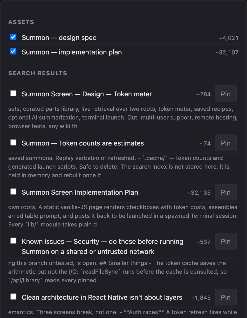 Search results for the term token, each with a token cost, a snippet of matching text, and a Pin button.